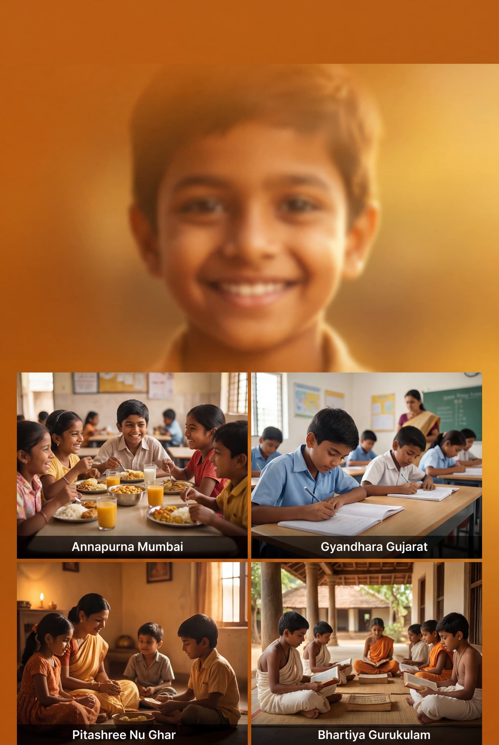 Portrait banner: beneficiaries of free schooling and meals through Manavta Jagrut Trust in Maharashtra and Gujarat communities.